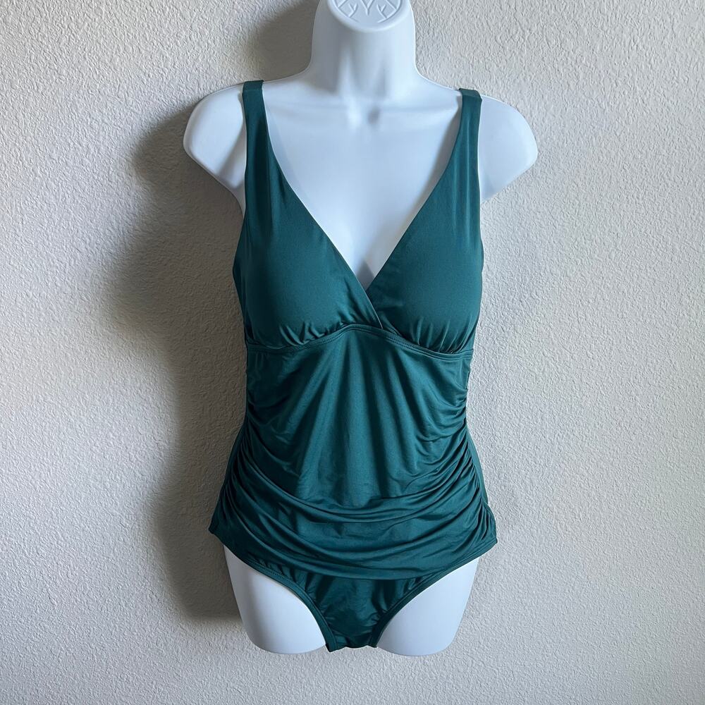 Jantzen Green One Piece Ruched Bathing Suit Women's 12 Padded Beach Swimwear